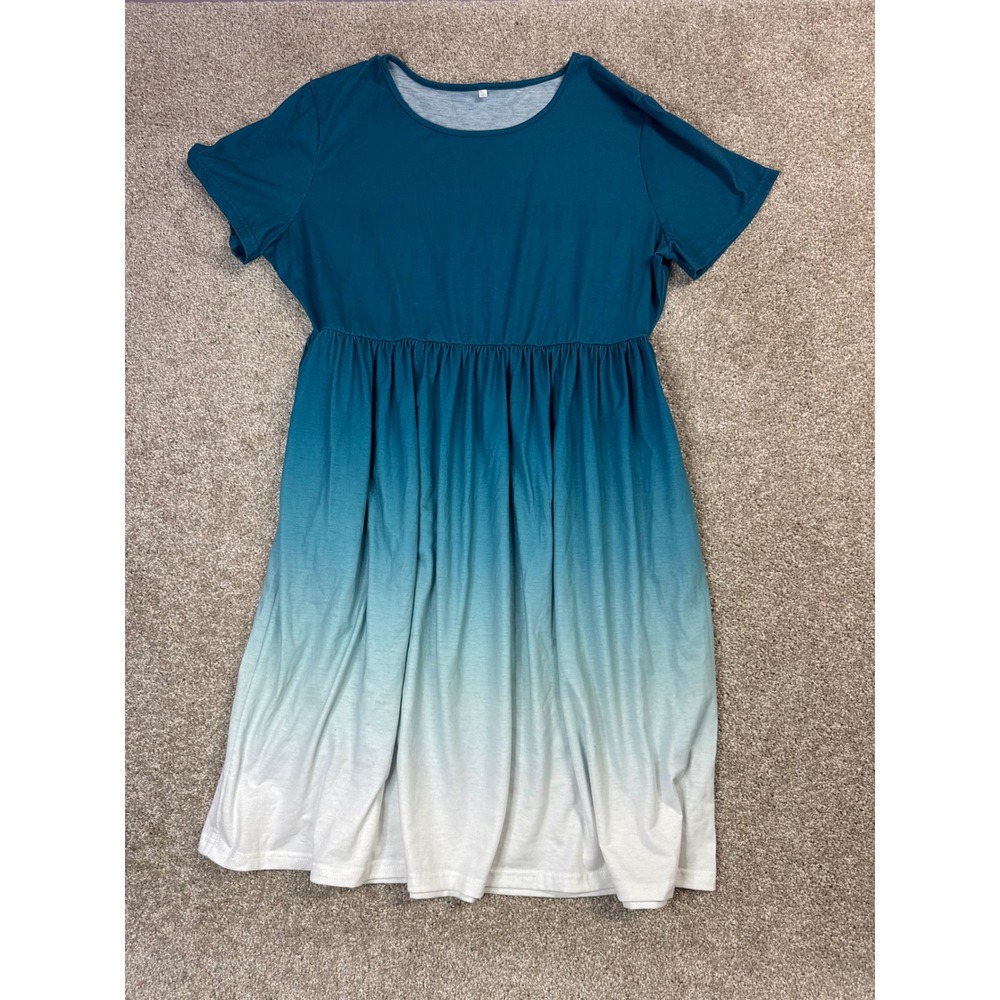 Teal Blue Ombre Gradient Short Sleeve Empire Waist Dress 2XL Casual Jersey Knit